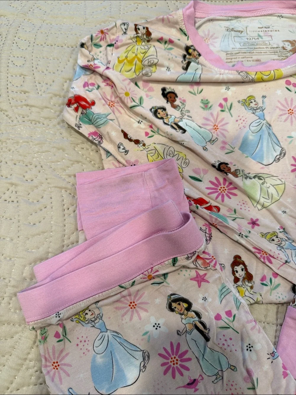 Little Sleepies Disney Girls' Pink Princess Floral Cotton Pajama Set
